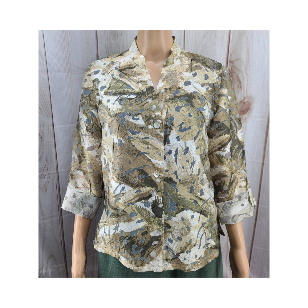 Ruby Rd Favorites Geometric Print Green/Gray Blouse Sheer Laser Cut-Outs 8P